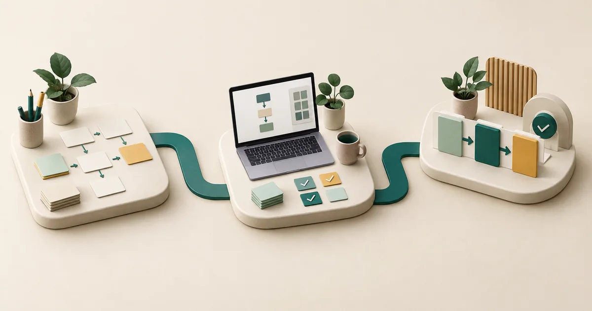 Drei verbundene Stationen zeigen Prozessaufnahme auf Papier, einen digitalen Pilot am Laptop und einen geordneten Arbeitsablauf.